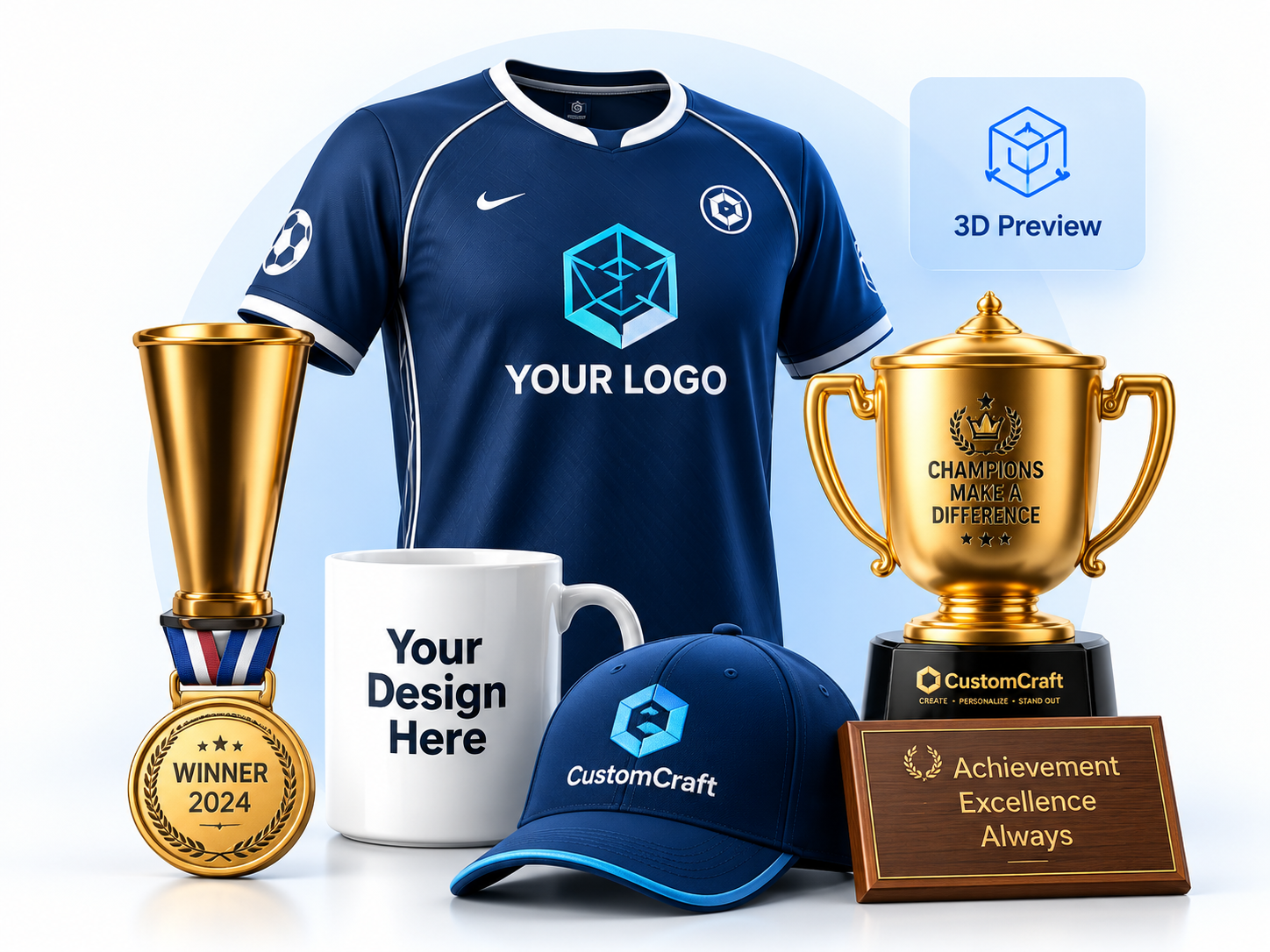 Customizable jersey, mug, cap, medal, trophies and plaque